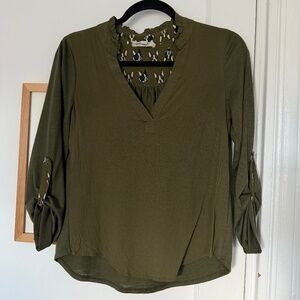 Anthropologie Women's Three-Quarter Length Sleeve Top - Olive Green - Size XS
